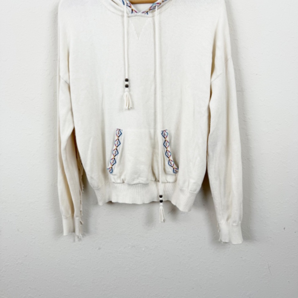 Minnie Rose Embroidered Cashmere Blend Fringe Cream Hoodie Size Medium - Picture 2 of 6